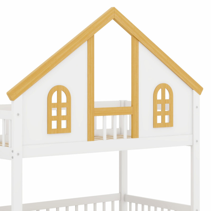 Lit superposé avec toit, fenêtre, porte et lit gigogne pour enfants, Lit simple