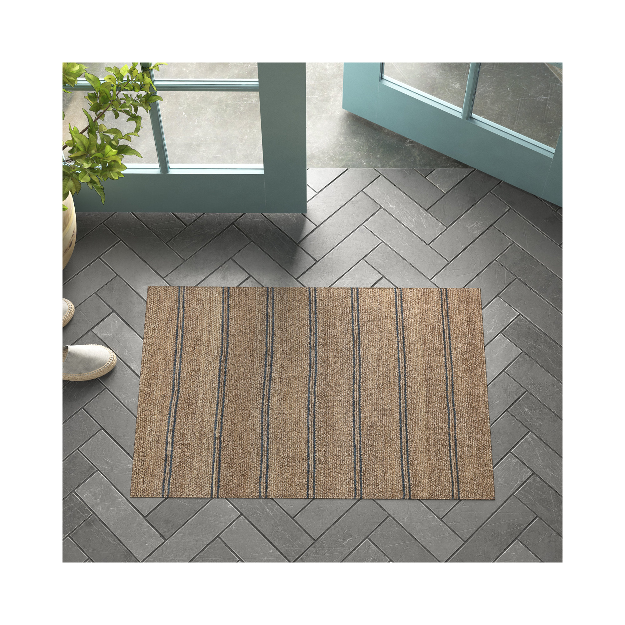 Beamond Striped Hand-Woven Jute Brown/Blue Area Rug, Rectangle 2' x 3'