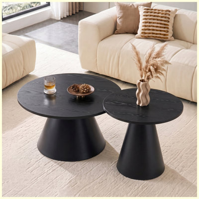 Ensemble de 2 tables basses gigognes rondes, plateau en grain de bois noir et base en acier au carbone