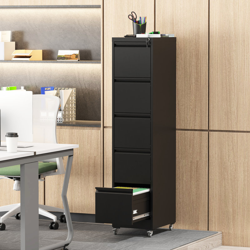 Black 5 Drawer Vertical File Cabinet On Wheels, High - Security Locking, Suitable For A4/Letter/Legal Folders, Steel Build, Quiet Operation Metal With Lock And Wheels Home Office, Adjustable Hanging