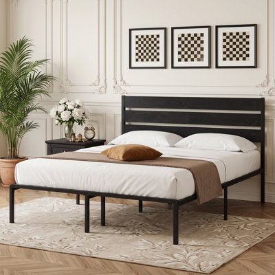 Alicia Full Metal Bed Frame with Wooden Headboard & Footboard, Rustic Industrial Farmhouse Platform Bed with Heavy Duty Steel Support, No Box Spring Required, Under Bed Storage, Noise-Free Mattress Foundation, Black