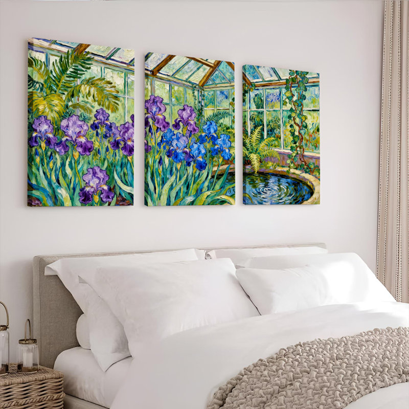 Ensemble de 3 tableaux muraux sur toile tendue « Jardin d'iris et serre »., H 30 po x l 60 po