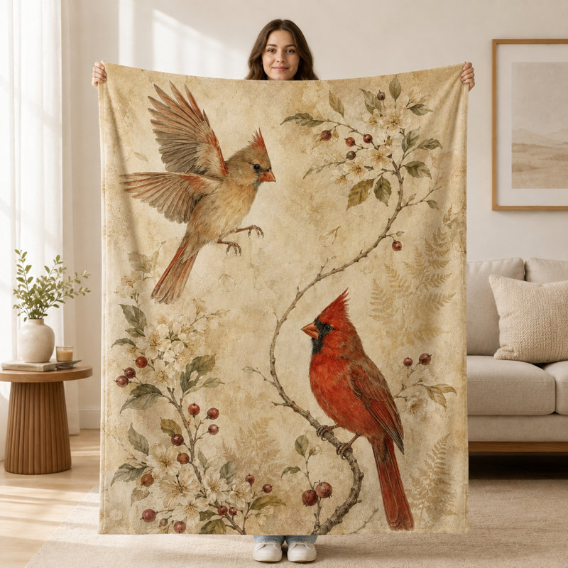 Jeté cardinal beige rétro avec oiseaux rouges et brun clair, branches de fleurs blanches et fond vieilli, accent de flanelle pour canapé et chambre à coucher, 30 po x 40 po