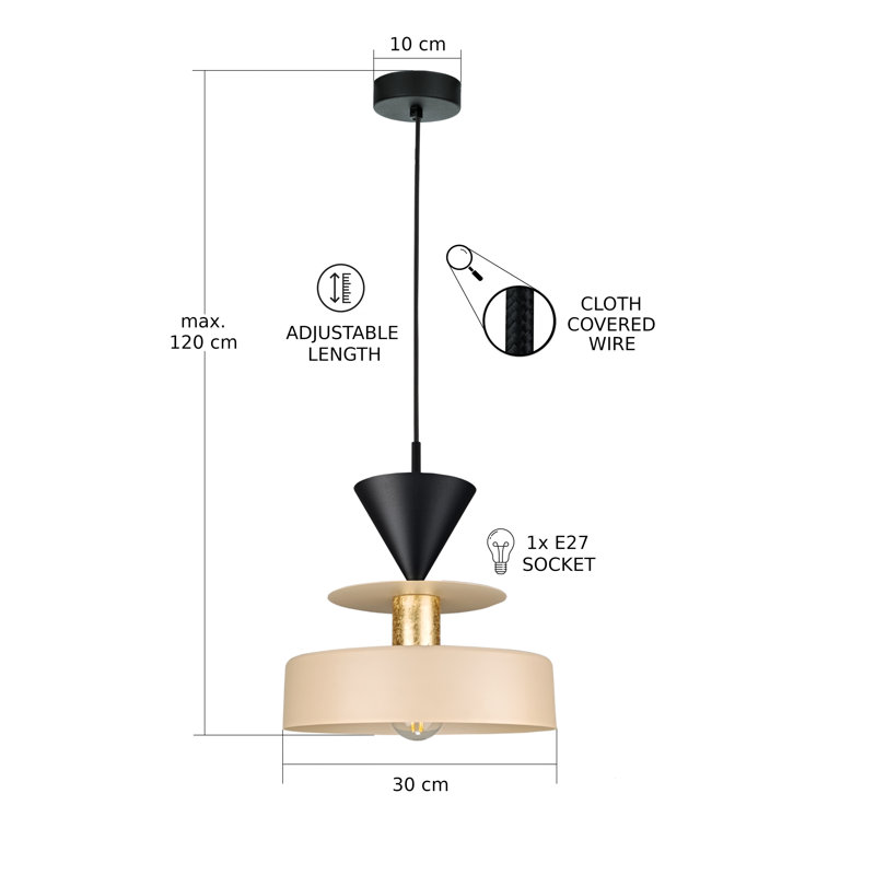 1 - Light Matte Black Drum Pendant, Gold/Latte