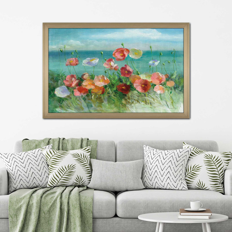 Coquelicots côtiers - Peinture, Encadrement champagne, H 27,5 po x l 39,5 po x P 0,75 po