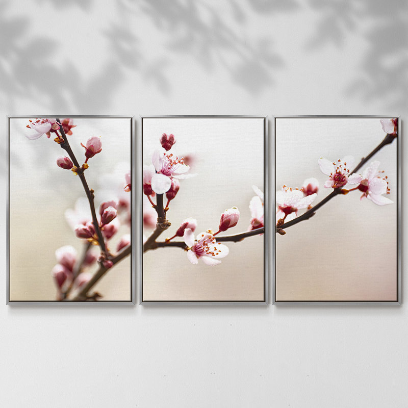 Étude de fleurs de cerisier I 3 pièces, H 40 po x l 78 po x P 2 po, Argenté