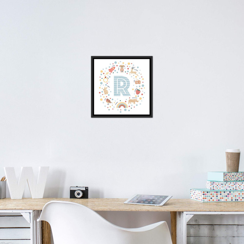 Lettre illustrée R bleue - impression, H 18 po x l 18 po x 1,5 po, Toile avec cadre noir patiné, Pas de tapis