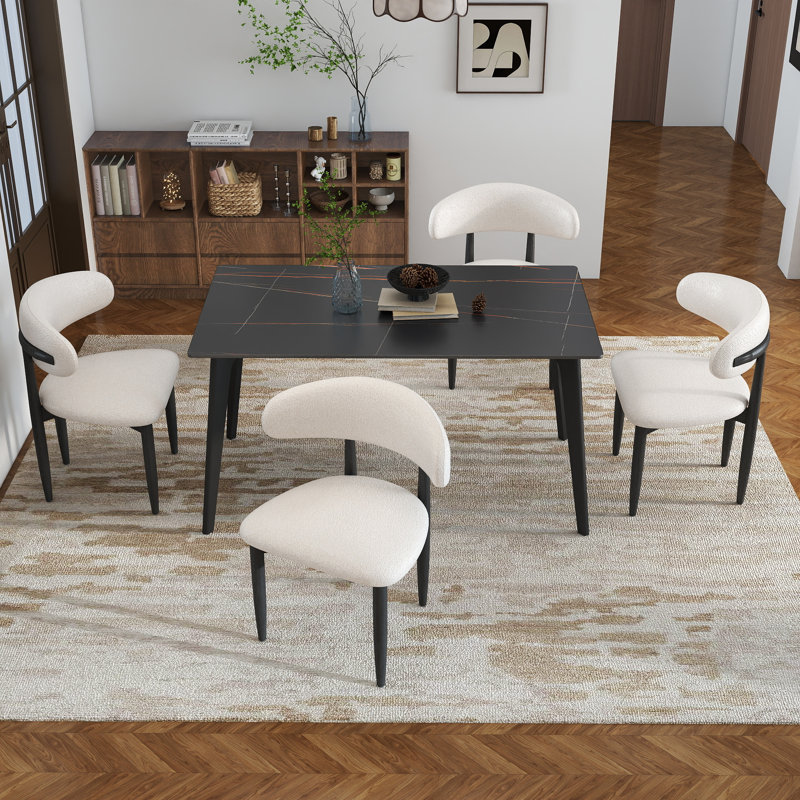Juvan 5-Piece Modern Rectangular Sintered Stone Dining Table Set With 4 Solid Wood Chairs, Black, Beige/Black, Black