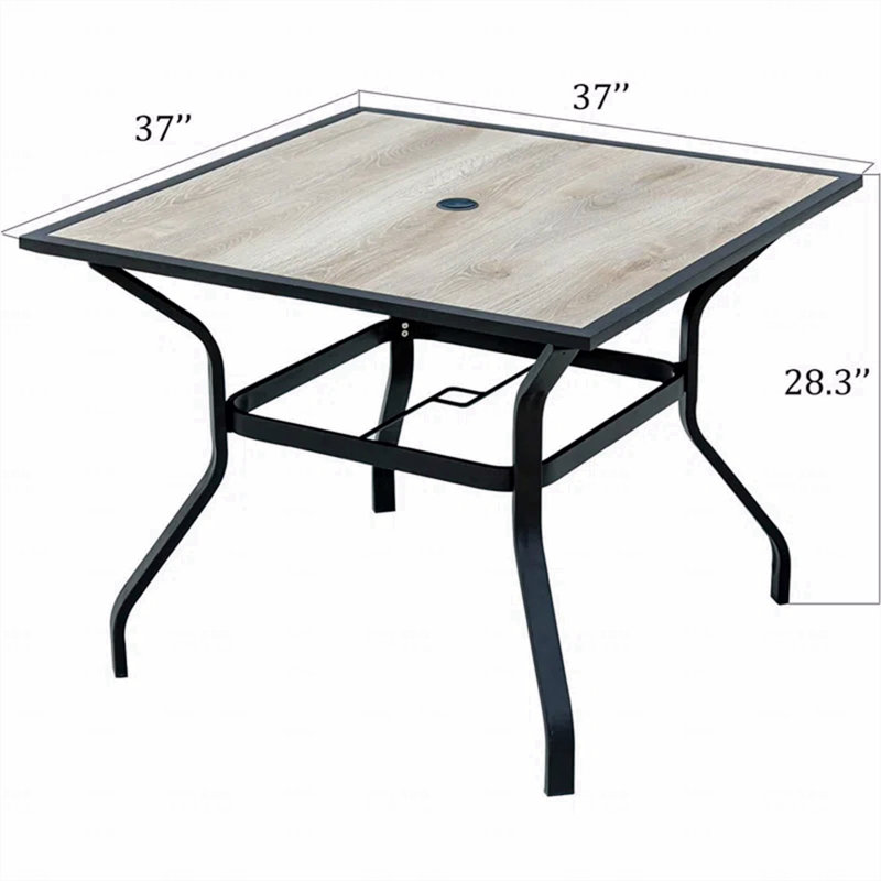 Table de salle à manger d'extérieur carrée en métal avec trou pour parasol et plateau en bois