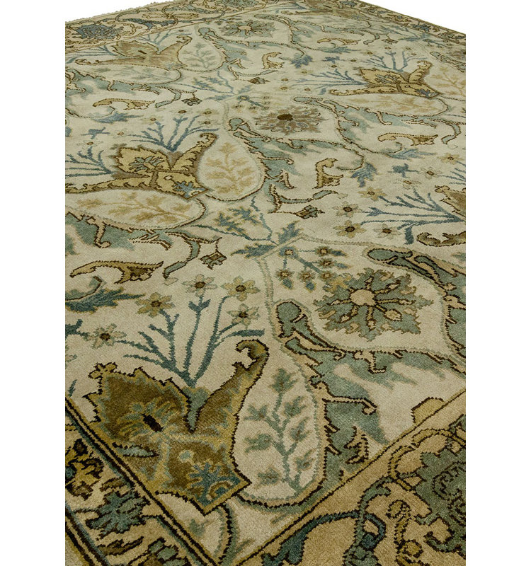 Tapis oriental ivoire / bleu clair en laine noué à la main McDaniel, Rectangle 9 pi x 12 pi