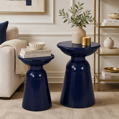 Outdoor Iron Side Tables with Flared Design, Set of 2, Navy Blue, Modern and Durable