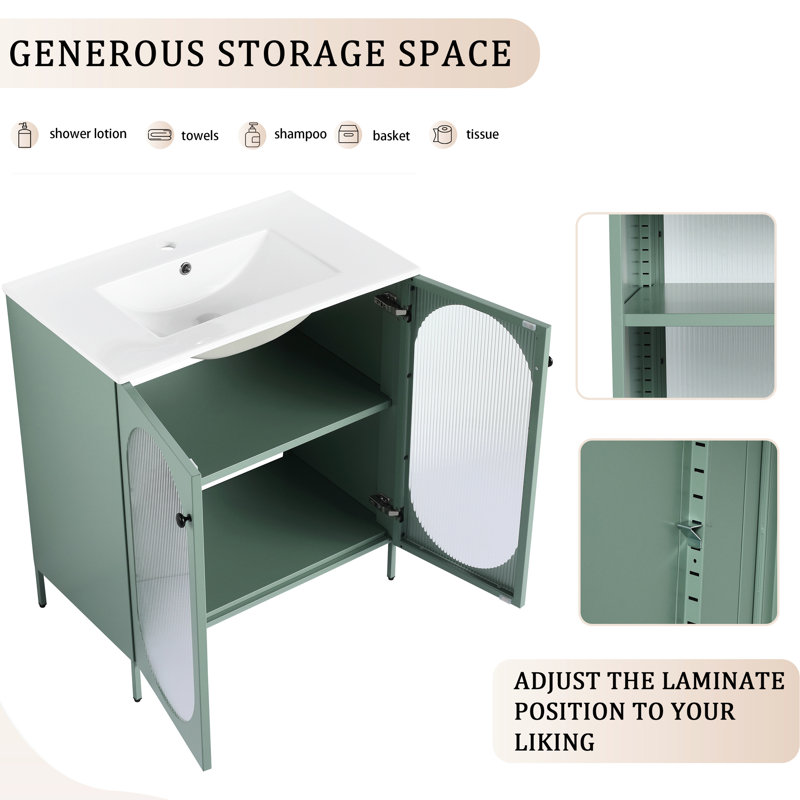 Armoire de salle de bain avec lavabo en céramique - Corps de meuble-lavabo moderne en acier à finition menthe 30 po