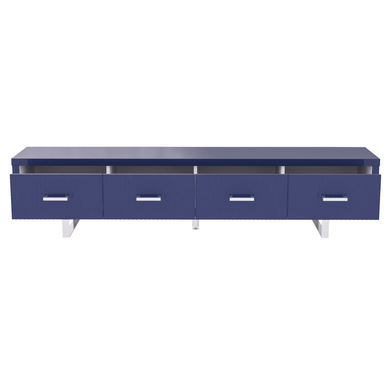 Meuble télé haute brillance bleu 78,7 po x 13,8 po 17,8 po, apparence moderne, tiroirs pour accessoires et pieds de style contemporain, poignées de rangement