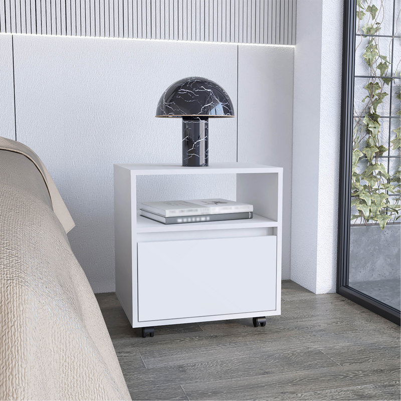 Table de chevet H 20 po, avec une tablette ouverte, 1 tiroir et roulettes, blanc, Blanc
