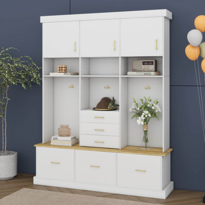 Modern Hall Tree With Bench, 75" Entryway Storage Organizer With Coat Hooks, 6 Drawers & 3 Cabinets And 3-Tier Top Storage by One Allium Way