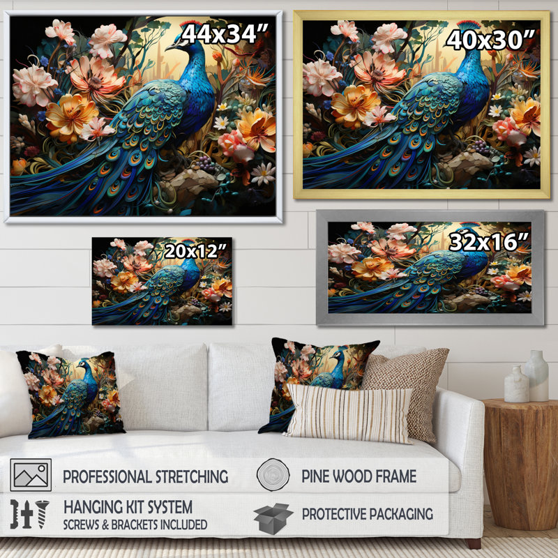 Teal Peacock Parade I - Peacock, reproduction d'art encadrée, 30" H x 40" W, Toile tendue