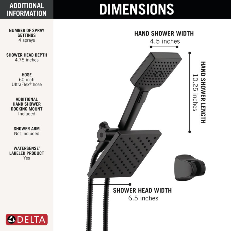 Square 2-in-1 Dual Shower Head with 5-Setting HandHeld Spray 1.75 GPM Matte Black, Matte Black