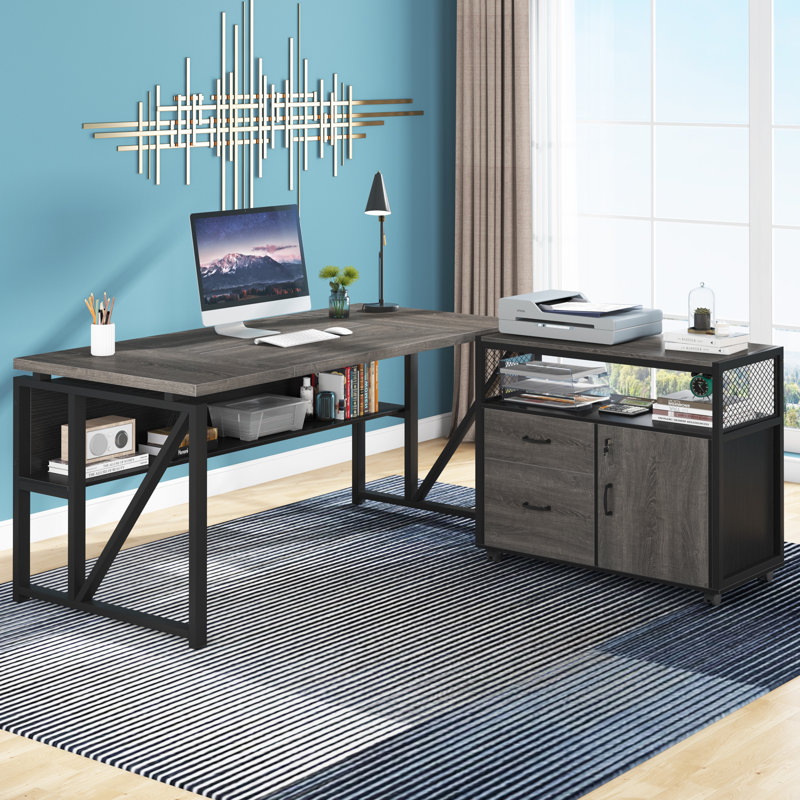 Walnut and Black Lockable File Cabinet with Drawers and Casters
