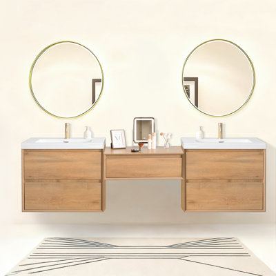 90"Wall-Mounted Bathroom Vanity Combo With Resin Sink And Makeup Storage Cabinet
