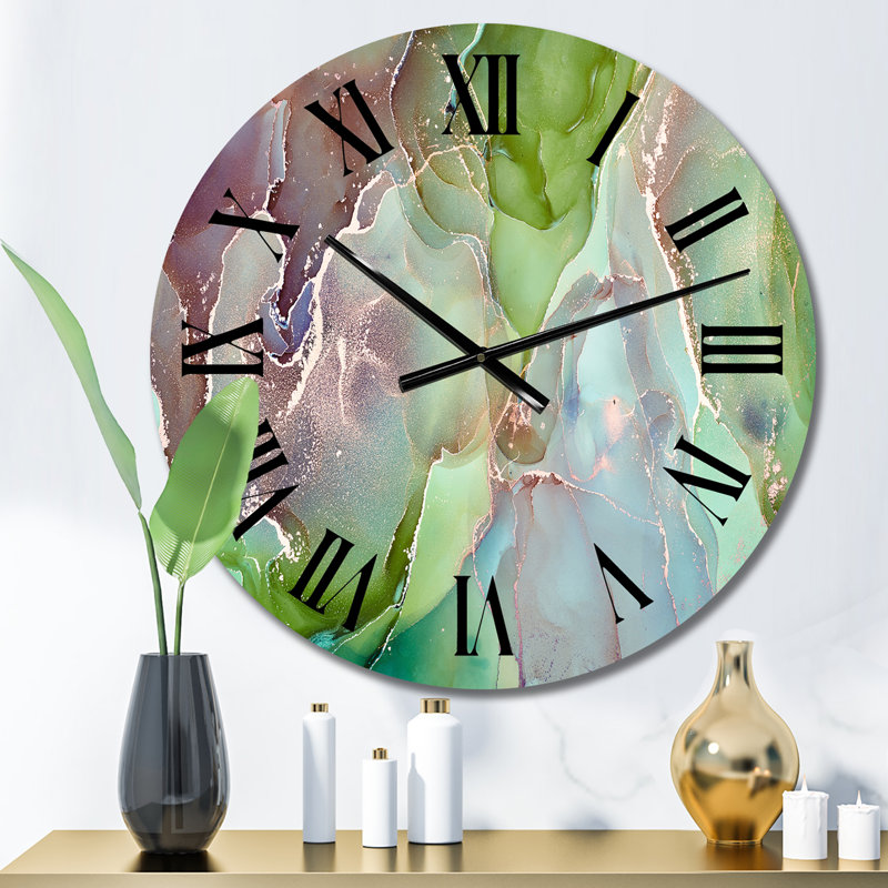 Vert et rose, art à l'encre abstraite - horloge murale moderne, Moyen