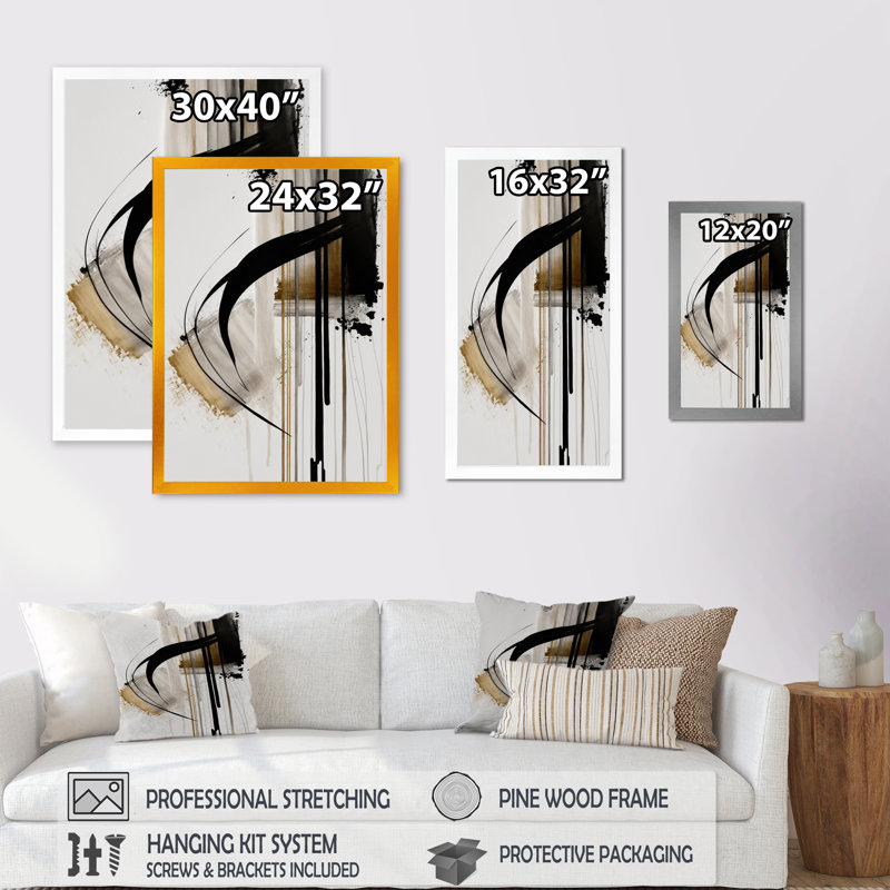 Noir, blanc et or Expression I - art mural abstrait, H 32 po x l 16 po, Toile avec cadre photo, Doré