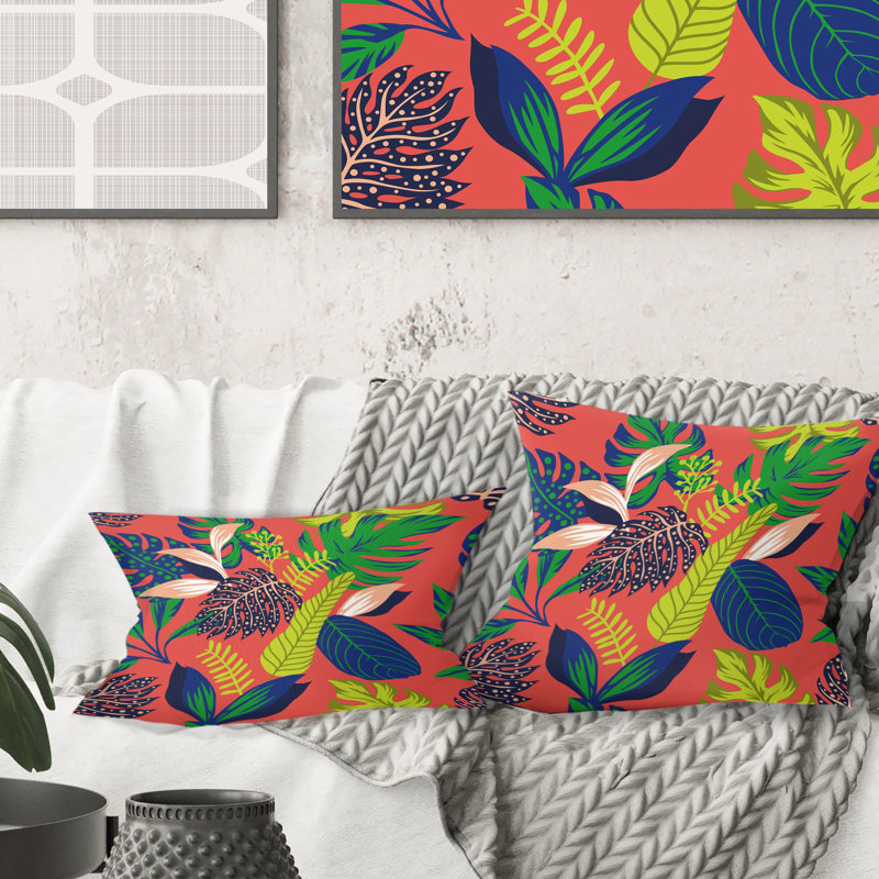 Coussin décoratif rétro à motif de feuilles tropicales rétro I Mid-Century