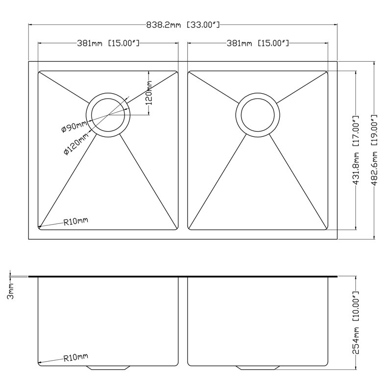 Évier de cuisine à double cuve en acier inoxydable encastrable avec grilles d'évier et crépines à panier L 33 po x l 19 po