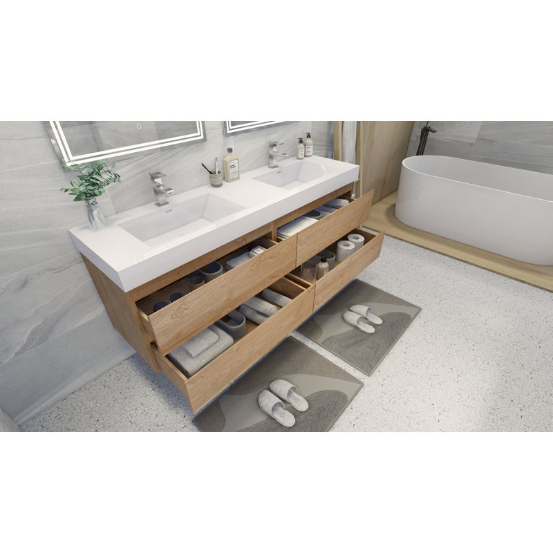 Mitul 70.75'' Double Bathroom Vanity with Acrylic Top, English Oak