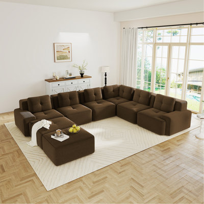 Modular Sectional Sofafor Living Room, 6-Seater Corner Sofa, Big Comfy Corduroy V Shaped Couch With 2 Movable Ottomans,Pearl-Like Piping, Tufted Design, No Assembly, Anti-Slip Design,Brown
