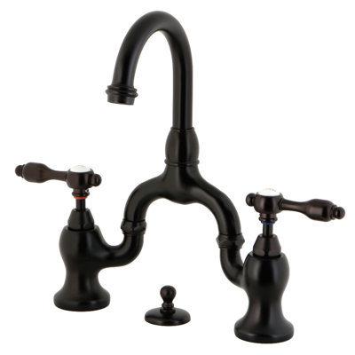 Kingston Brass Tudor Two-Handle 3-Hole Deck Mount Bridge Bathroom Faucet with Brass Pop-Up