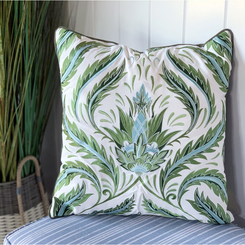 Embroidered Outdoor Throw Pillow, Green