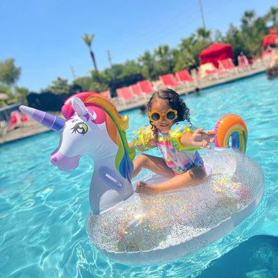 Inflatable Unicorn Pool Float Raft with Glitters, Fun Beach Floaties, Ride On Unicorn Raft, Pool Toys, Party in Summer Lounge Raft Decorations for Kids