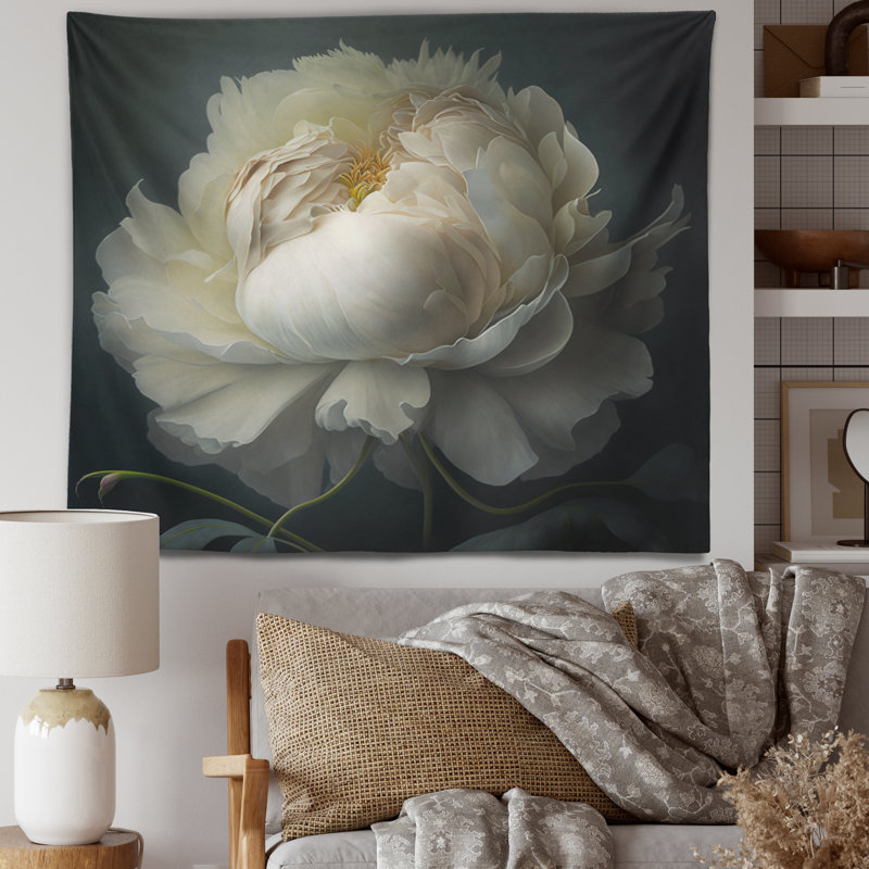 Tapisserie en polyester avec pivoines blanches, H 50 po x l 60 po