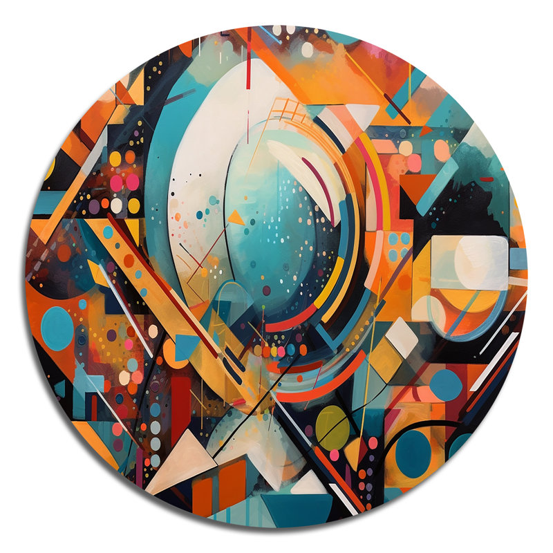 Orange And Blue Geometric Vibrations IV - Abstract Geometric Round Wall Art on Metal, 16" H x 16" W x 1" D