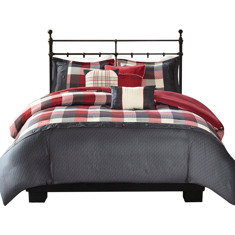 Housse de couette 6 pièces à chevrons avec accents brodés pour un lit très grand / très confortable, Rouge