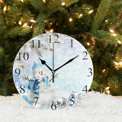 Wamika Winter Snowman Christmas Wall Clock 10 Inch Snowflake Snow Xmas Tree Jingle Bells Round Clock Silent Non Ticking Rustic Farmhouse New Year Home Decorations Battery Operated Quartz Decor