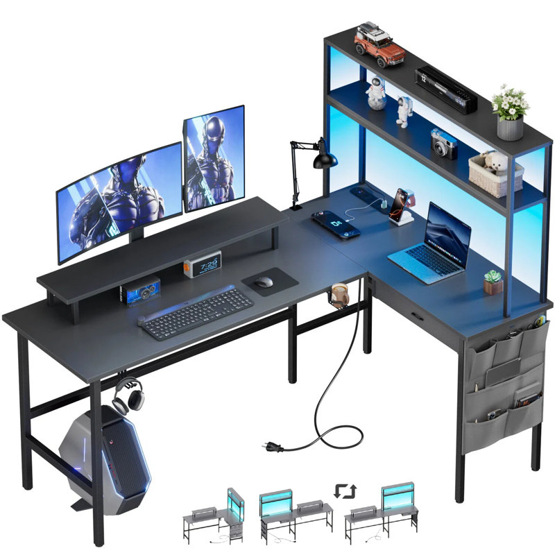HLDIRECT 67 Inch Reversible L-Shaped Gaming Desk with LED Lights, Power Outlets & Drawer, 2-Person Home Office Desk with Monitor Stand, Shelves & Storage Bag, for Gaming, Work & Streaming, Gray