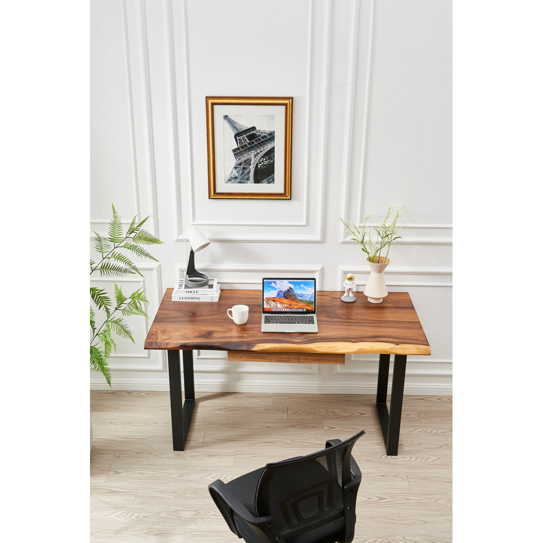 Live Edge Desk with U Shaped Legs and South American Walnut, with Drawer Storage Keelan Scott