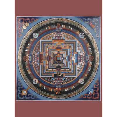 «Kalachakra Mandala Thangka» peint à la main - art mural carré «roue du temps» tibétain de 24 po avec or 24 carats et bordure d'océan profond