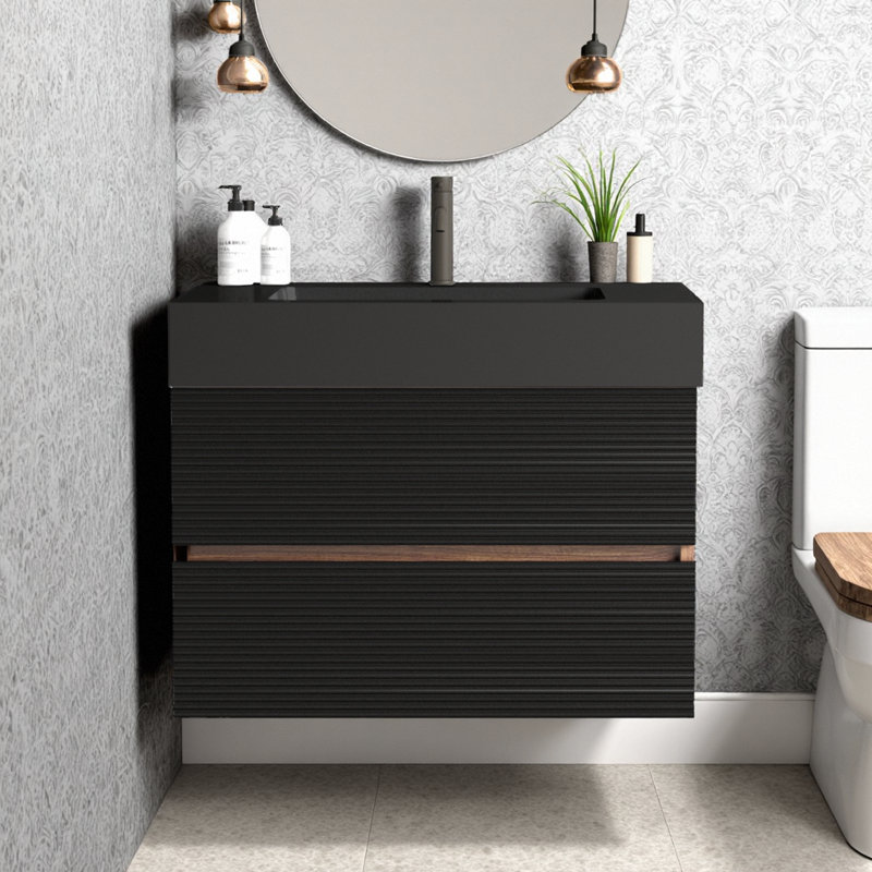 Meuble-lavabo flottant 30 po Grace - Design mural moderne, noir et noyer intemporel, tiroirs à fermeture en douceur, 30"