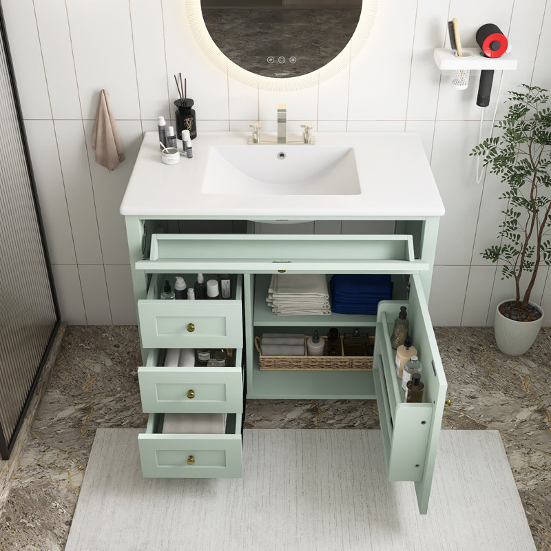 Meuble-lavabo autoportant moderne avec lavabo, panneau de fibres à densité moyenne et bois d'hévéa avec tiroirs et tablette réglable, vert