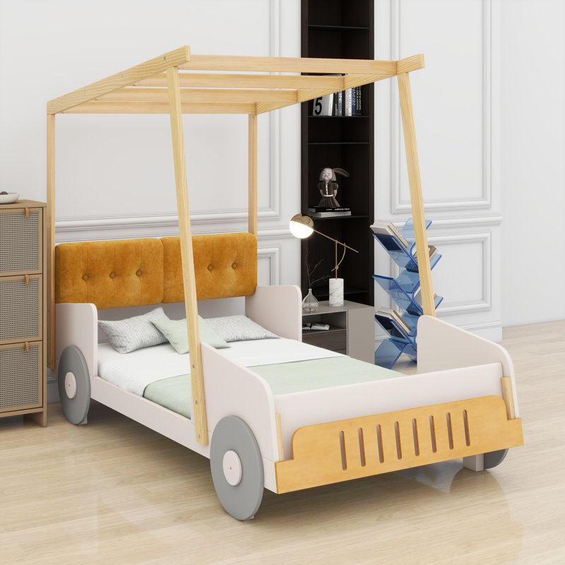 Car-Shaped Bed With Pillow And Canopy Fabric, Twin