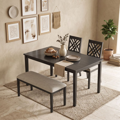 Rustic 4-Piece Dining Set for 4 with Rectangular Table, 2 Upholstered Cross-Back Chairs and Bench