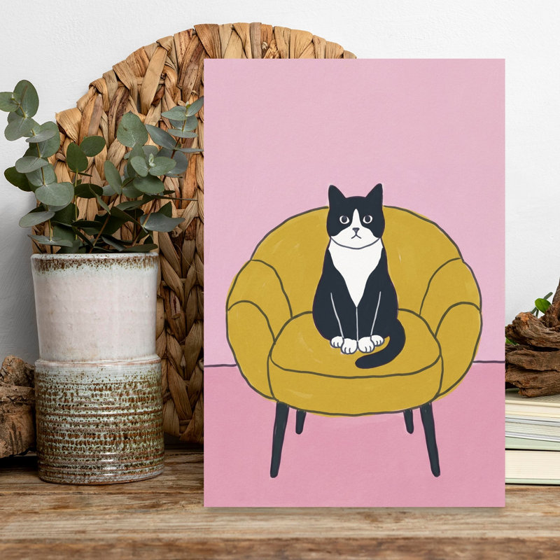 Chat noir, chaise jaune, élégant, chat moderne, architecture, art mural, H 18 po x l 12 po