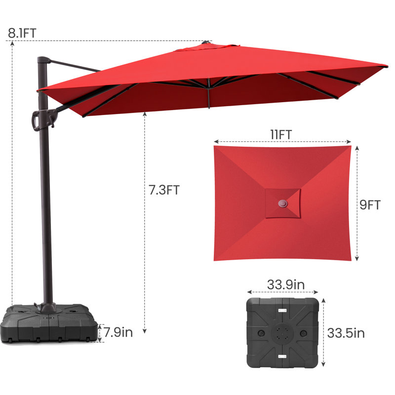 11' X 9' Rectangular Cantilever Umbrella With Weighted Base, Rouge