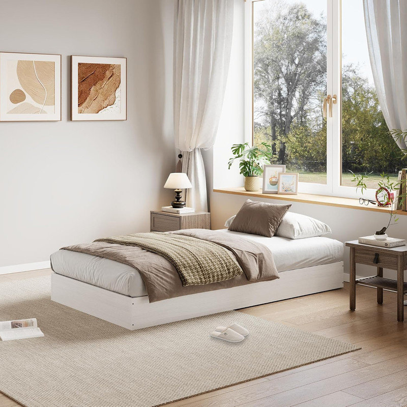 Structure de lit plateforme, support de lattes en bois, aucun sommier requis, assemblage facile et style moderne, Lit simple