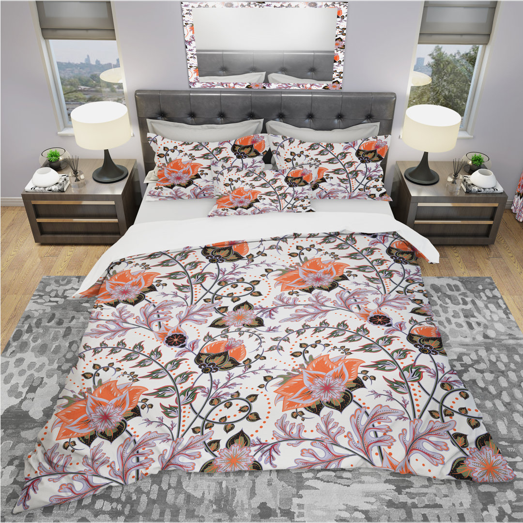 Pattern, Vintage Decorative Elements - Floral Eclectic Duvet Cover Set - Microfiber Polyester Design Art 