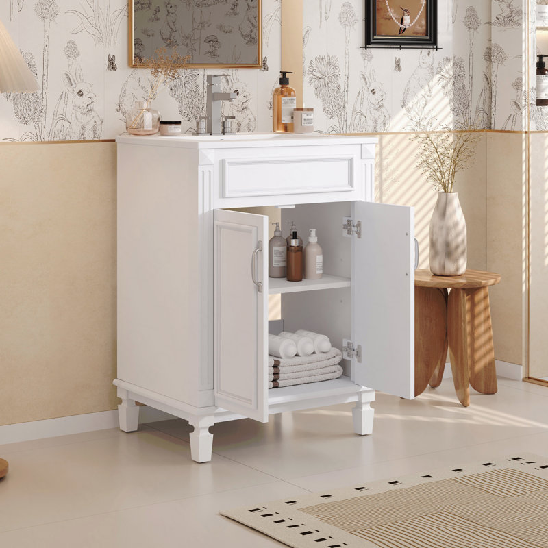 Meuble-lavabo 24 po avec lavabo supérieur, armoire de rangement moderne en bois massif, 2 portes à fermeture douce, tablette réglable