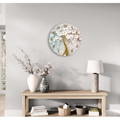 Horloge murale à effet 3D, art en verre trempé, arbre doré avec fleurs blanches, décor de maison moderne, chiffre romain silencieux