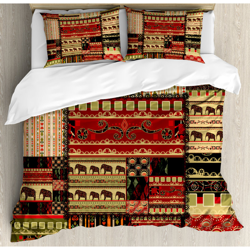 Queen Red Green Black Patchwork Elephant Duvet Set